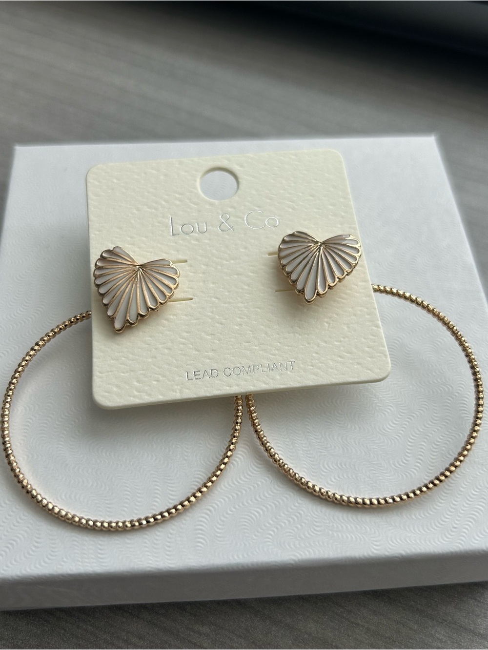 NEW Lou & Co White Enamel Heart Stud Earrings + Gold Hoop Earrings Set
